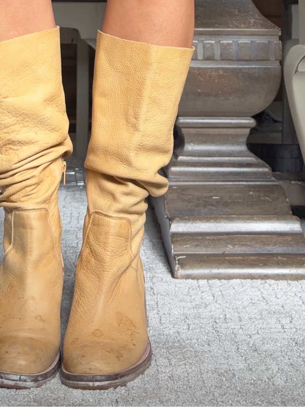 Free People Slouchy Mid-Calf Leather Boots in Mustard